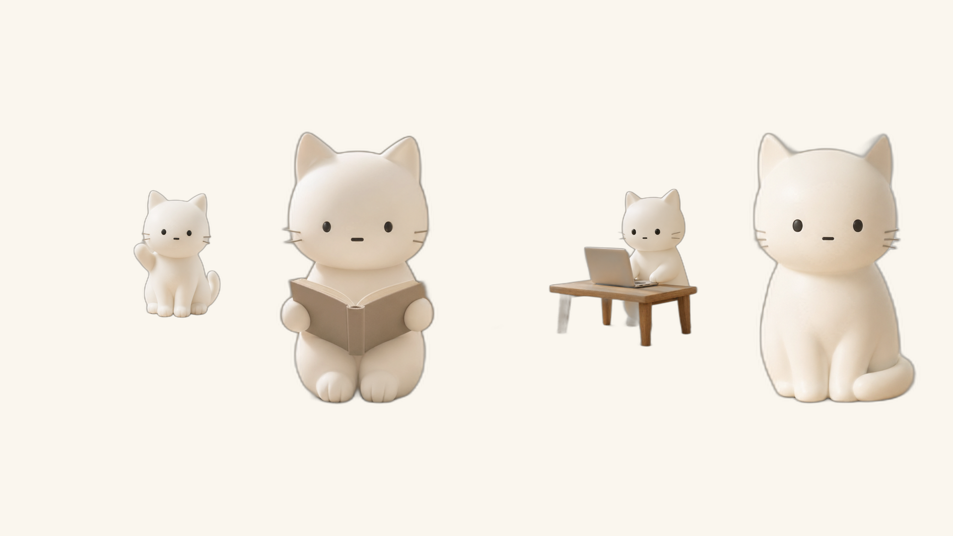 白い猫のマスコットWooの4ポーズ。手を振る、本を読む、ノートパソコンで作業する、お座りの4種類が並ぶ
