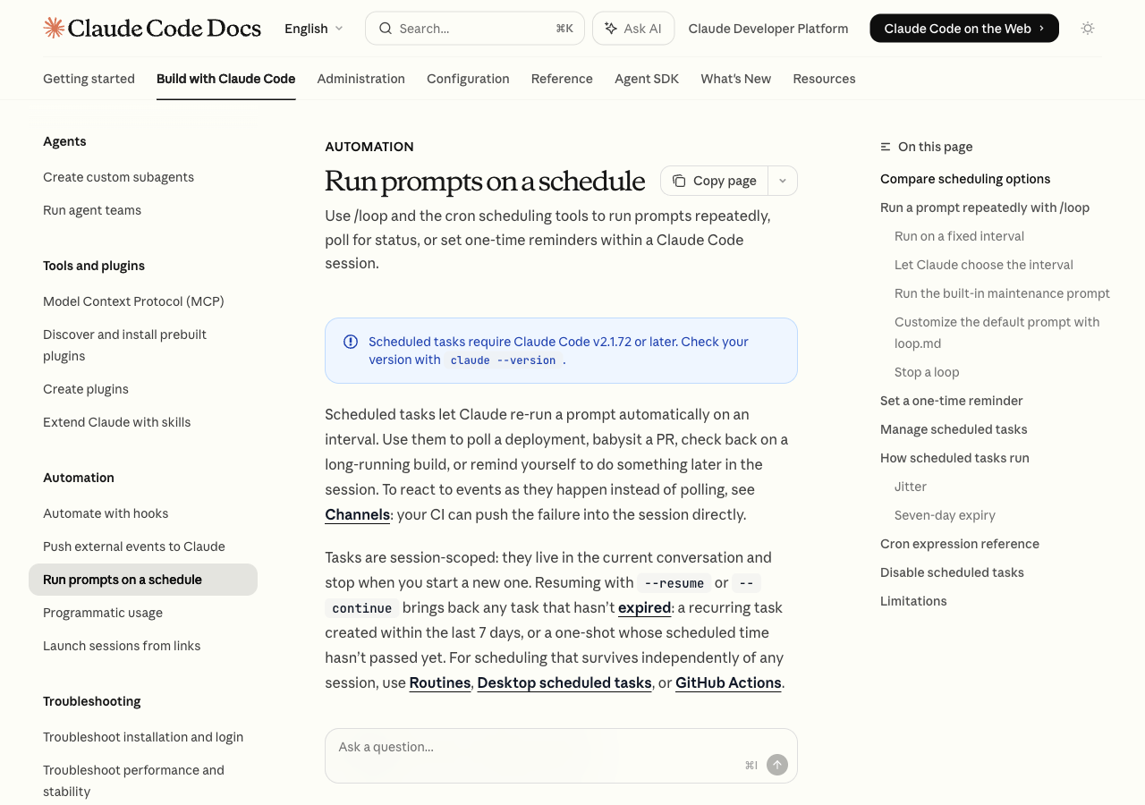 Claude Code Scheduled Tasks 公式ドキュメントのスクリーンショット