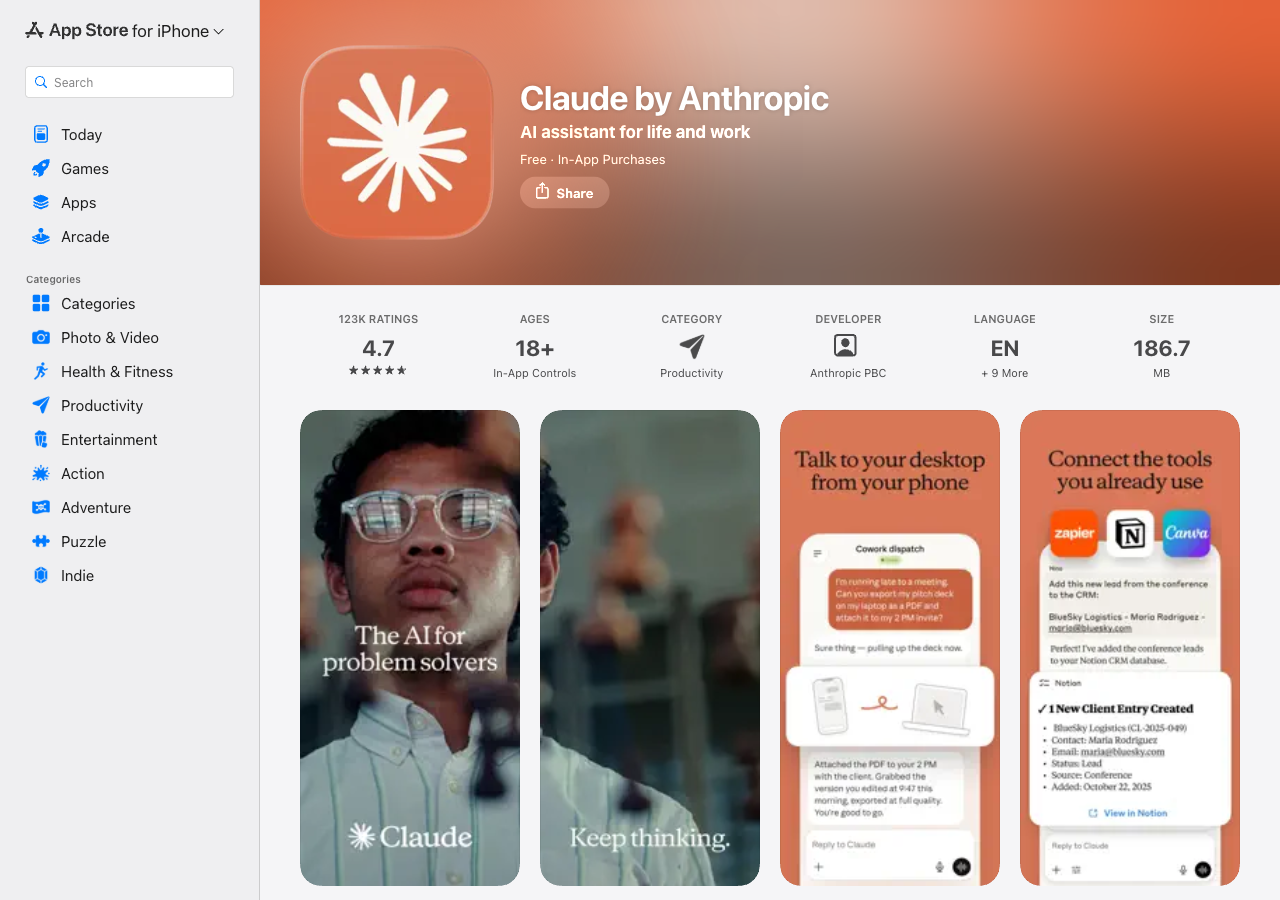 Claude by Anthropic の App Store ページのスクリーンショット