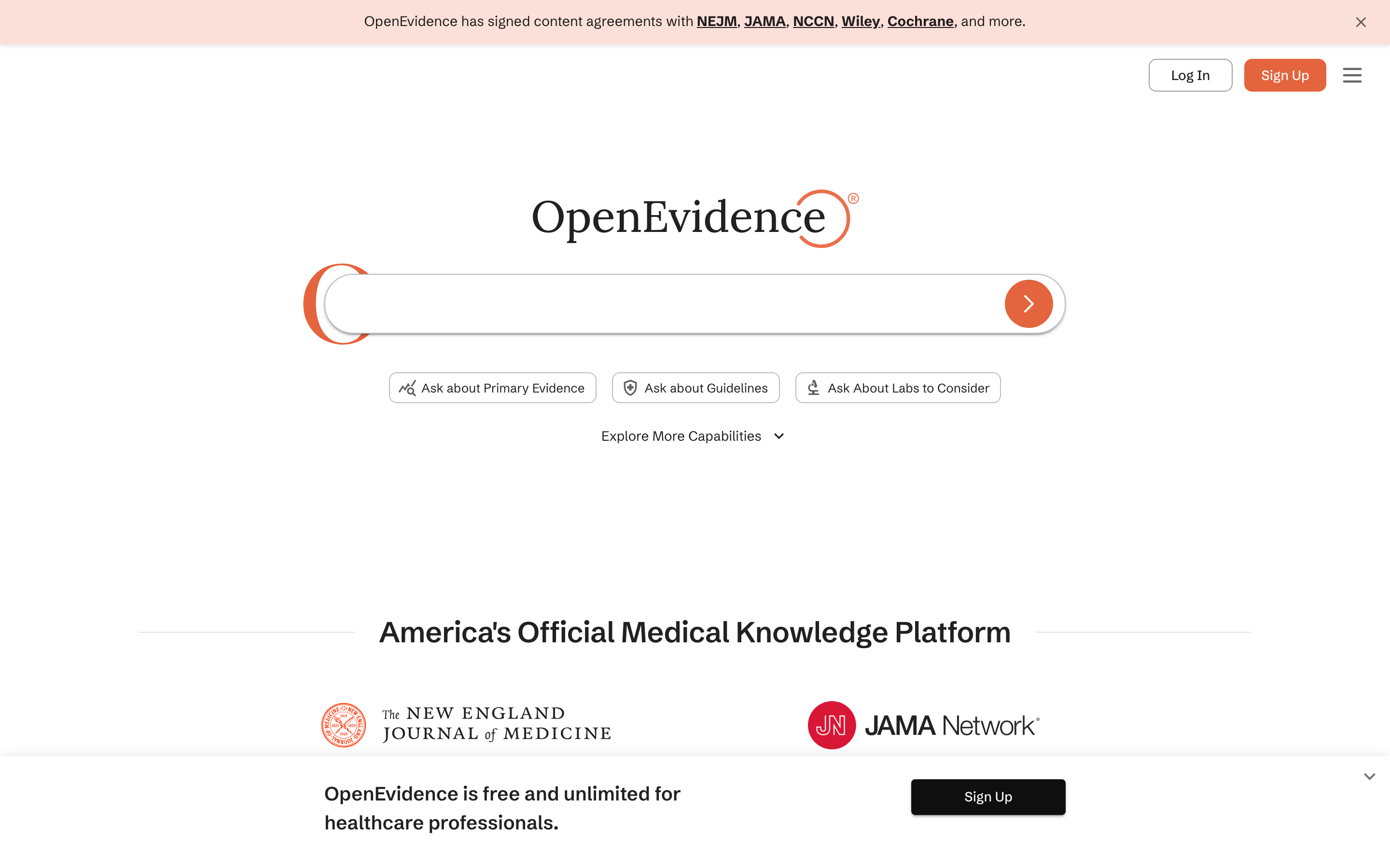 OpenEvidenceのトップ画面。