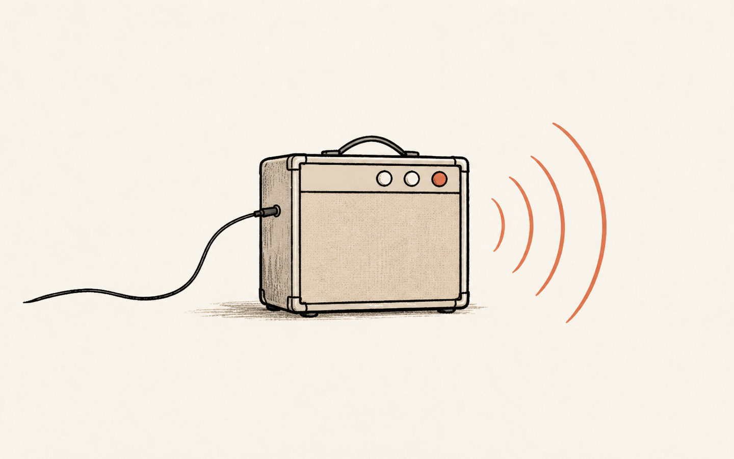 ギターアンプに1本のケーブルが繋がり、テラコッタ色の音波が大きく広がっている手描き風イラスト