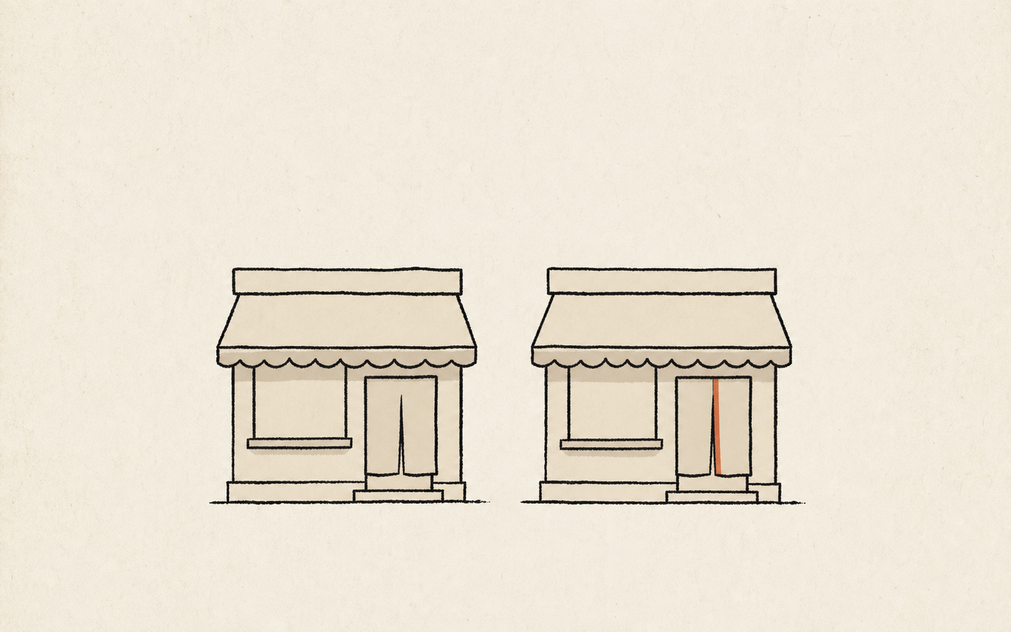 同じメニューを出す2軒の店のうち、片方にだけ行列ができているイラスト