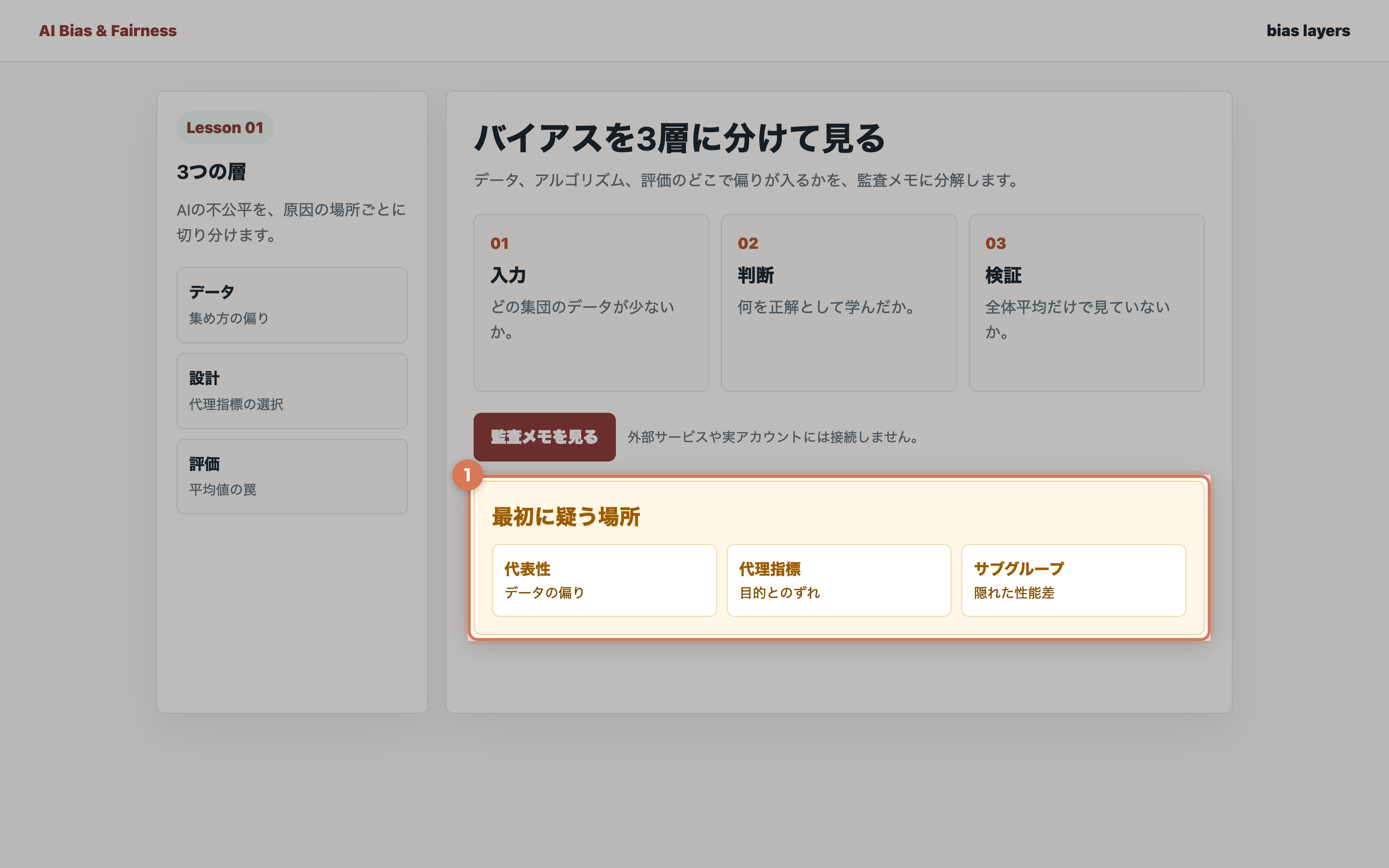 AIバイアス監査メモに最初に疑う場所が表示された画面