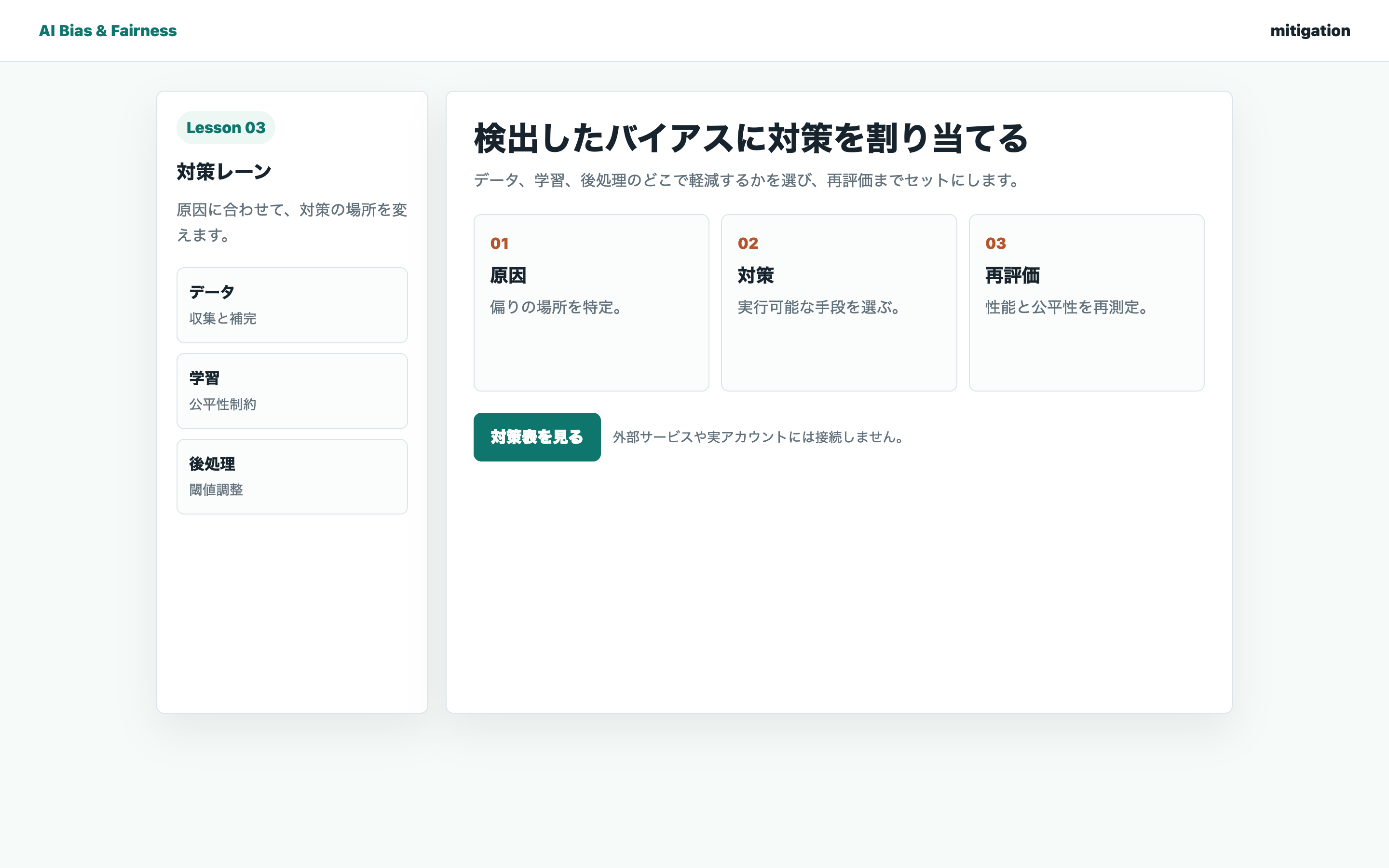 バイアス軽減策をデータ、学習、後処理に分けて整理している画面