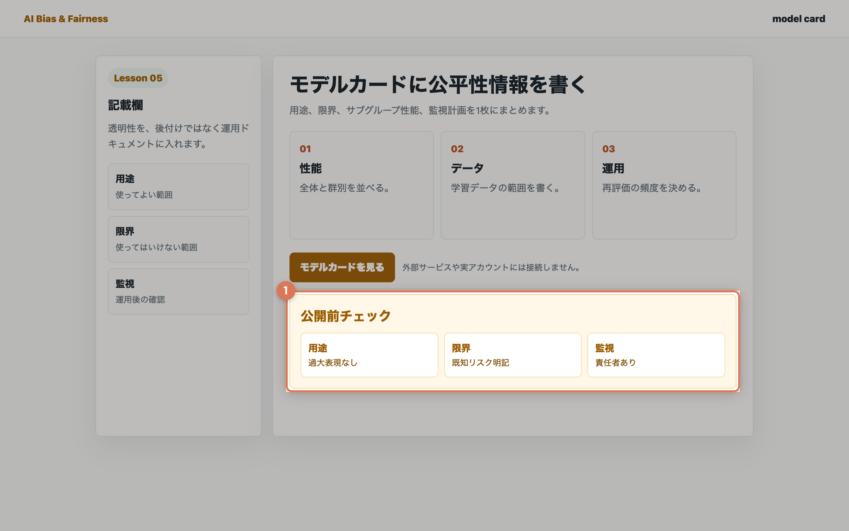 モデルカード公開前のチェックリストが表示された画面