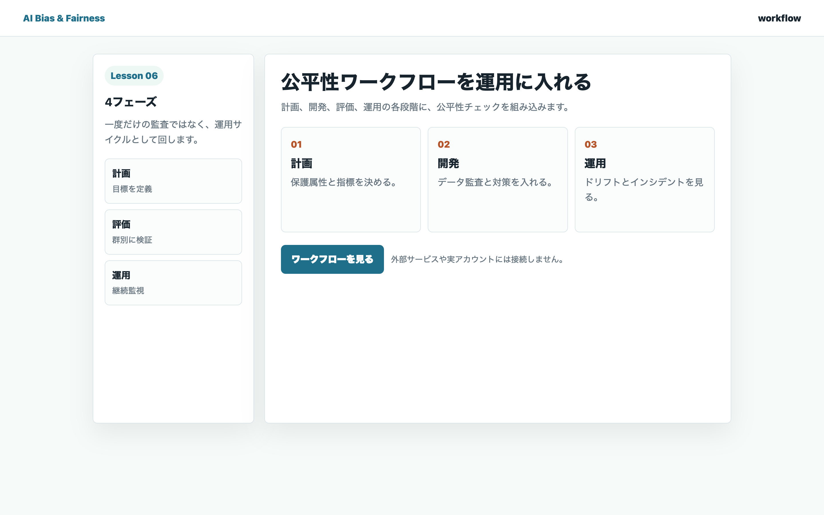 公平性チェックを計画、開発、評価、運用の4段階に配置している画面
