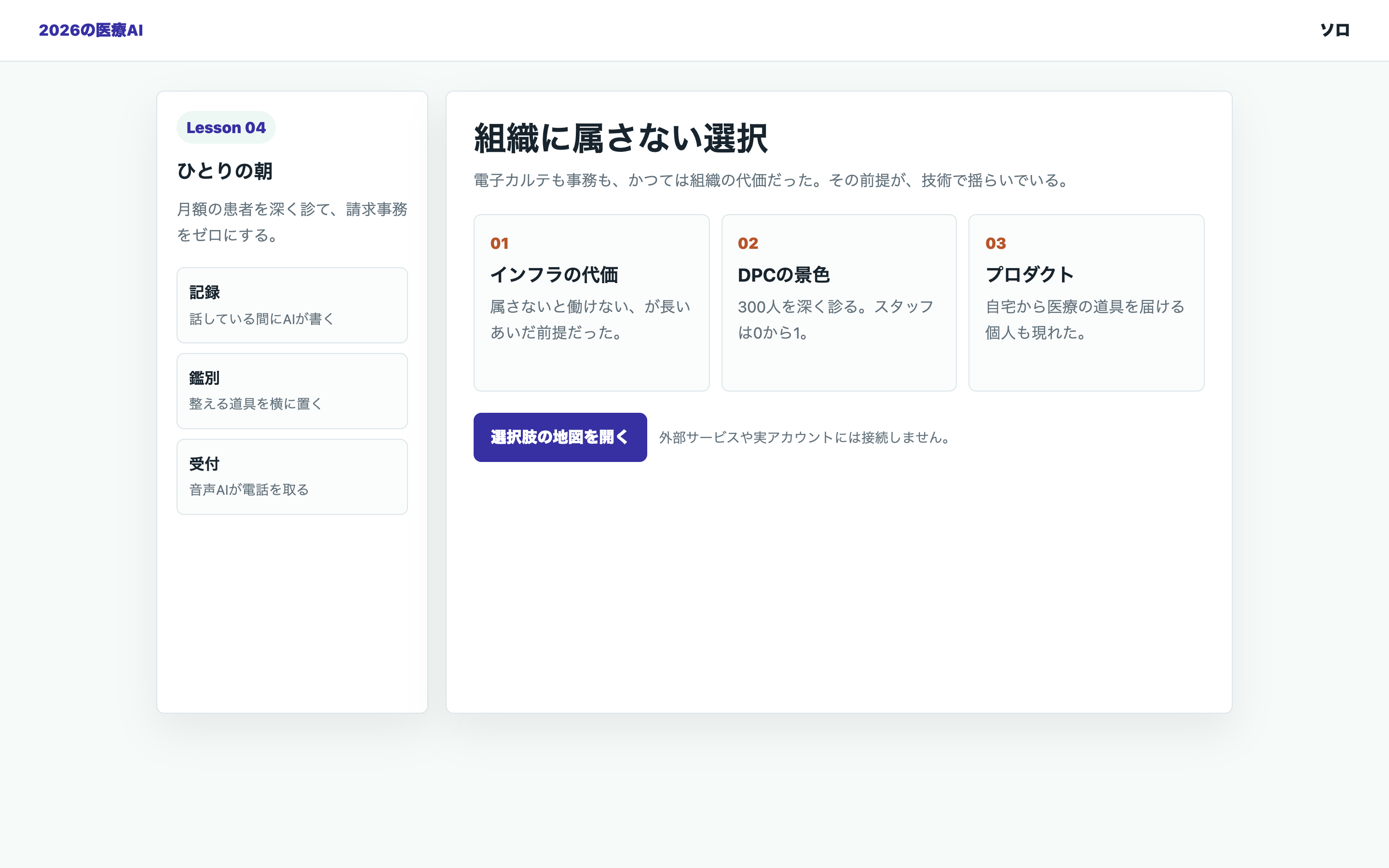 組織に属さない医師という選択肢を整理する教材用の画面