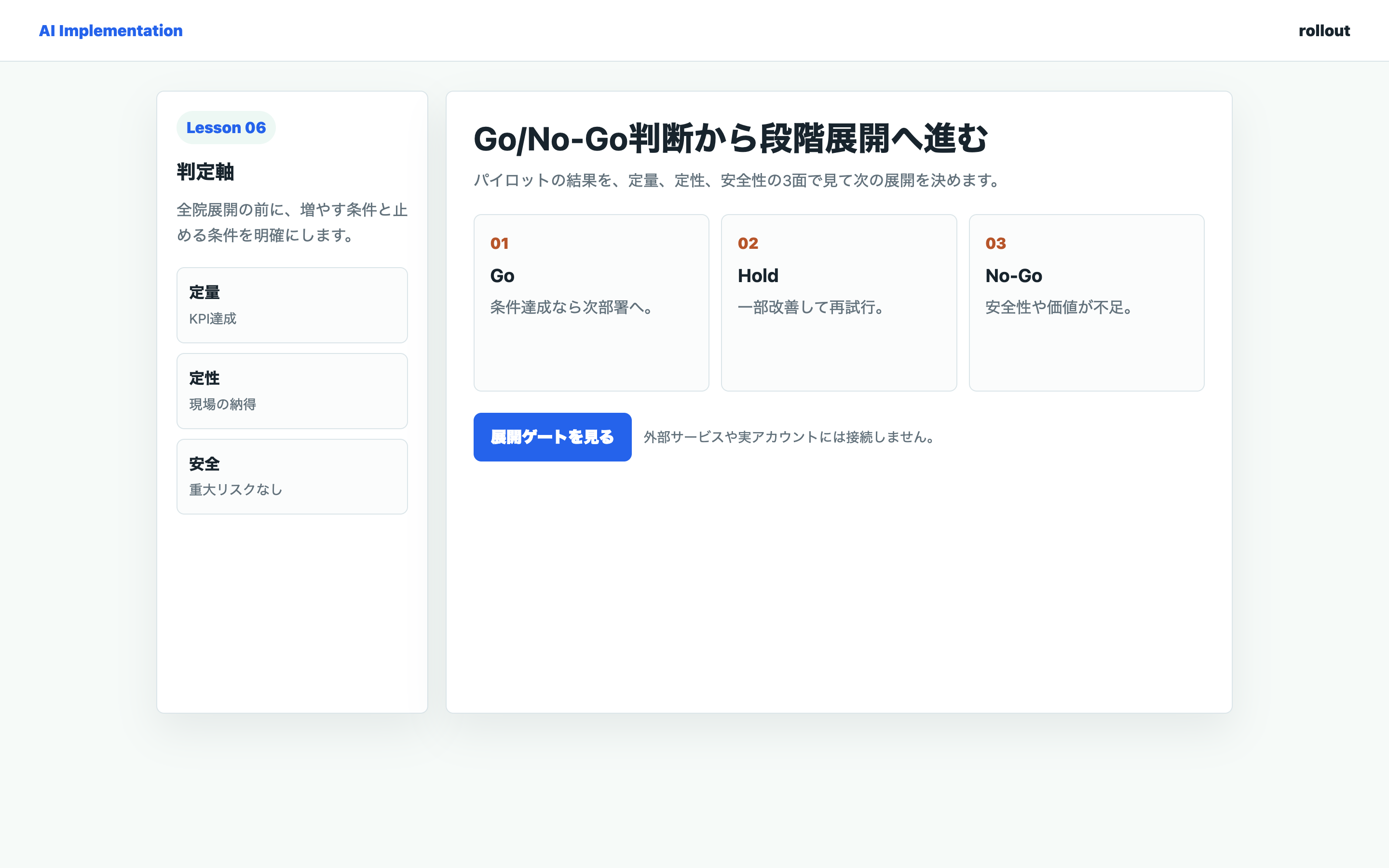 パイロット結果をGo Hold No-Goで判定している実画面