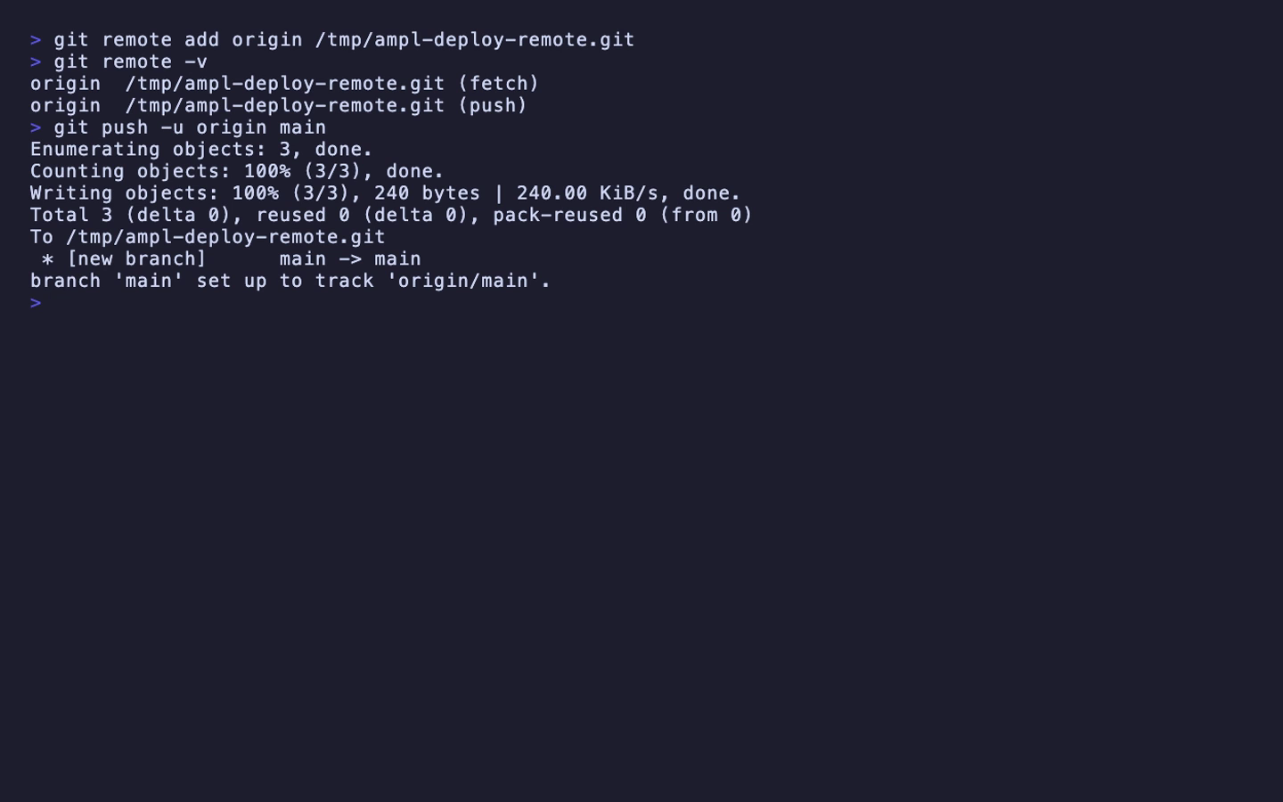 ターミナルで git push -u origin main を実行している画面