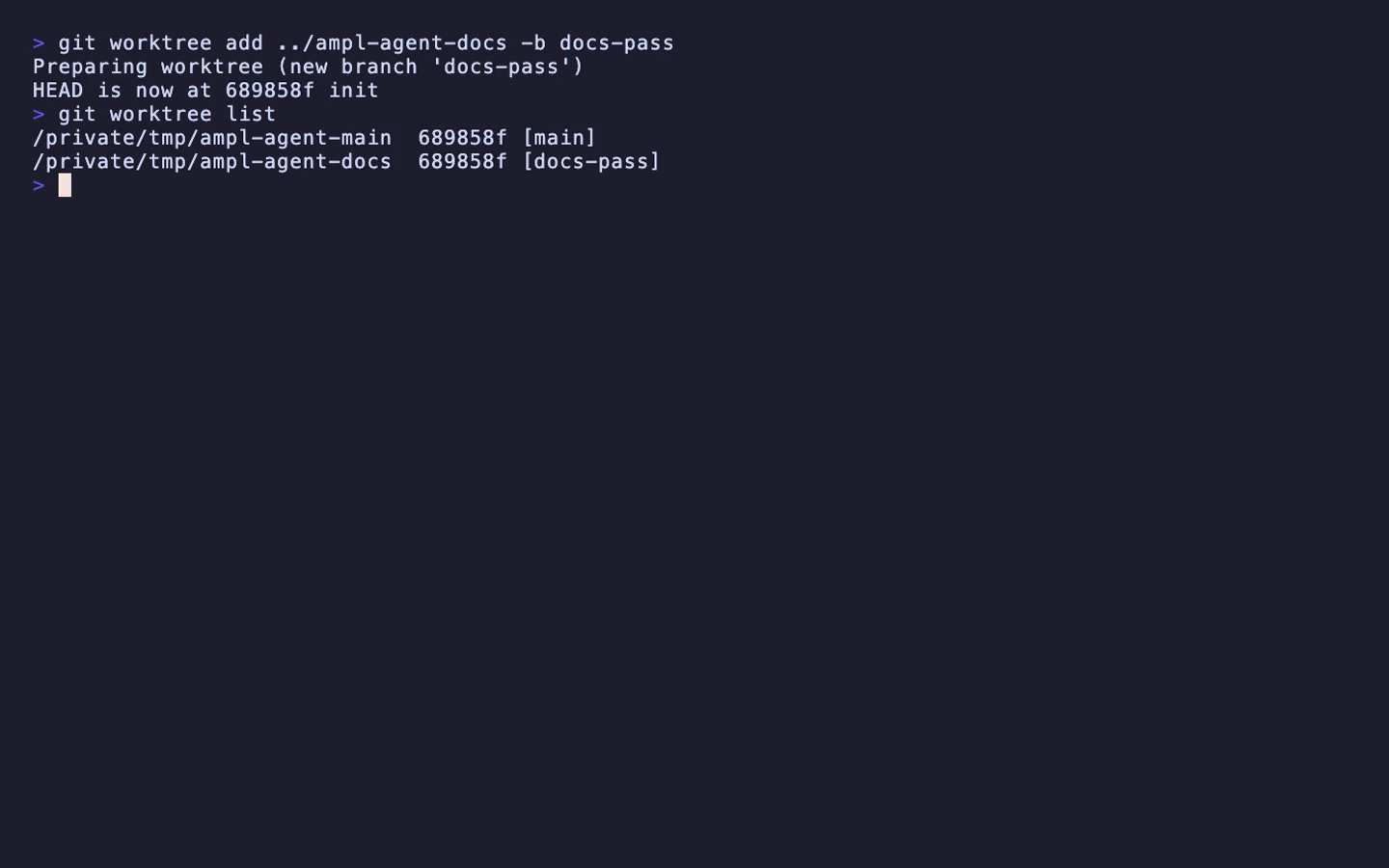 ターミナルで git worktree list を実行し、main と docs-pass の2つの作業フォルダが表示されている画面