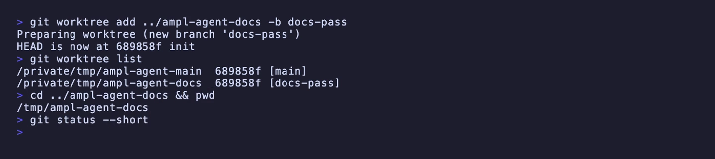 git worktree で作った別フォルダに移動し、git status --short で独立した作業場を確認しているターミナル画面
