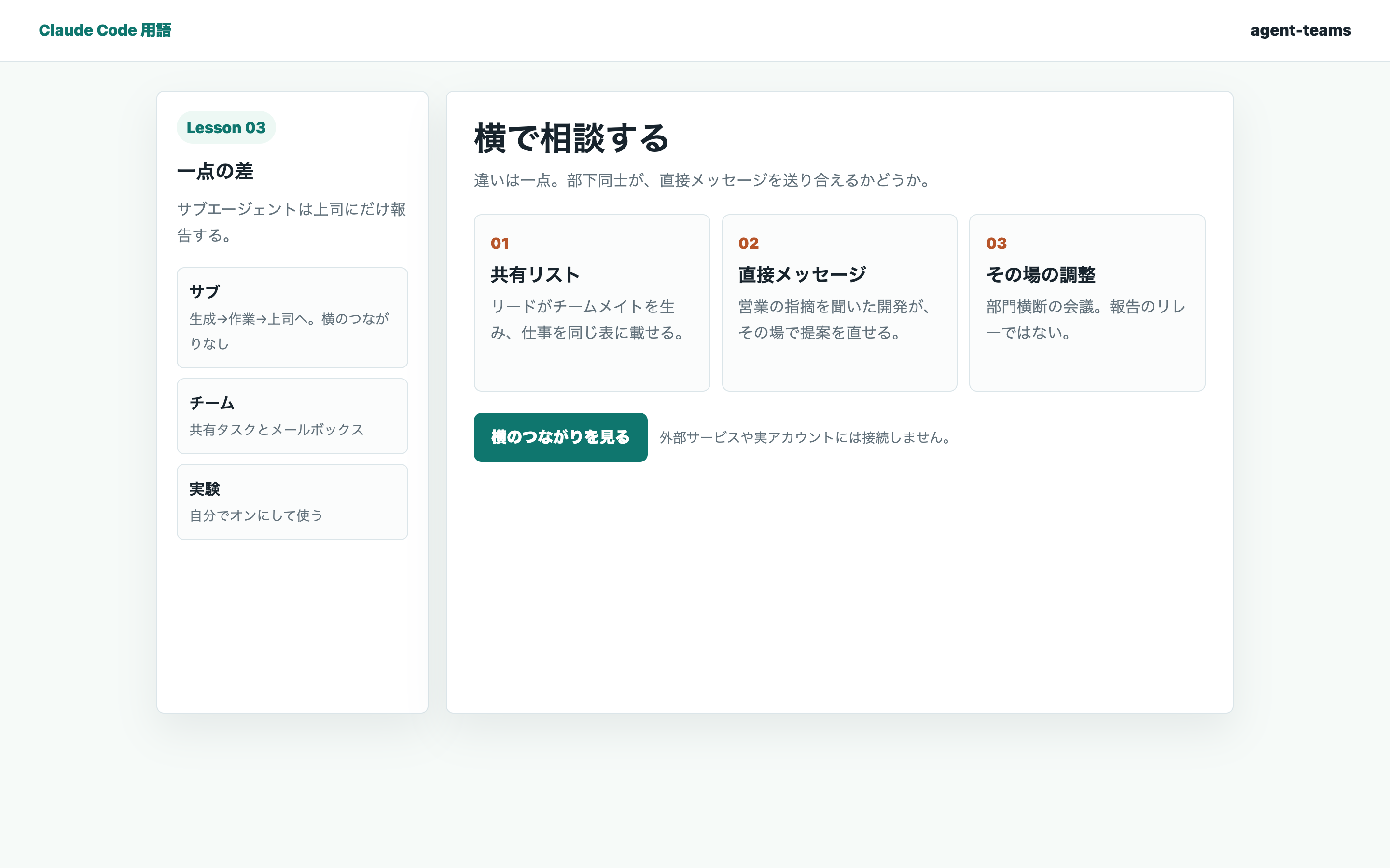 エージェントチームが共有タスクで横連携する教材用の整理画面