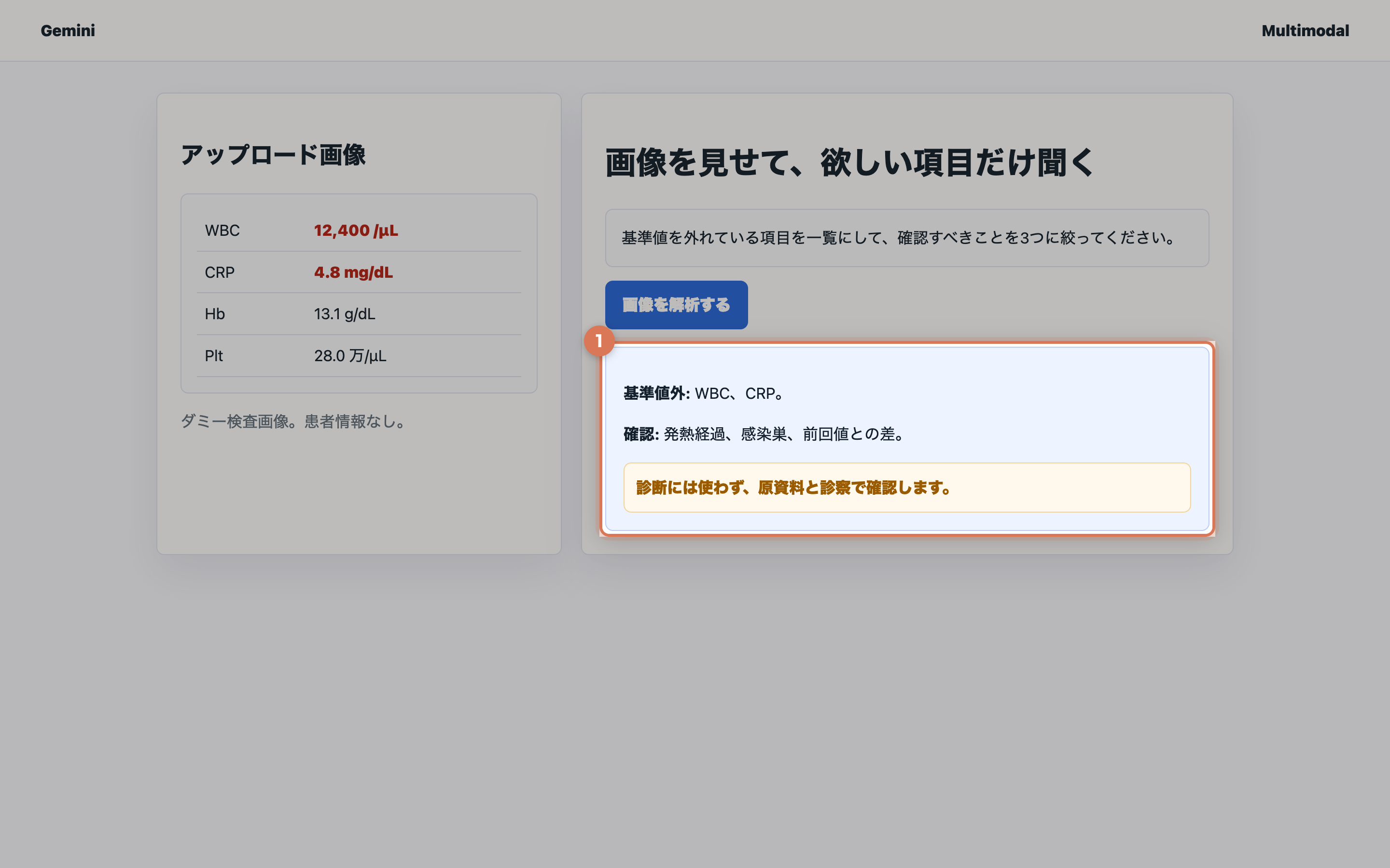 ダミー検査画像からWBCとCRPの基準値外、確認点、診断には使わない注意を表示している実画面