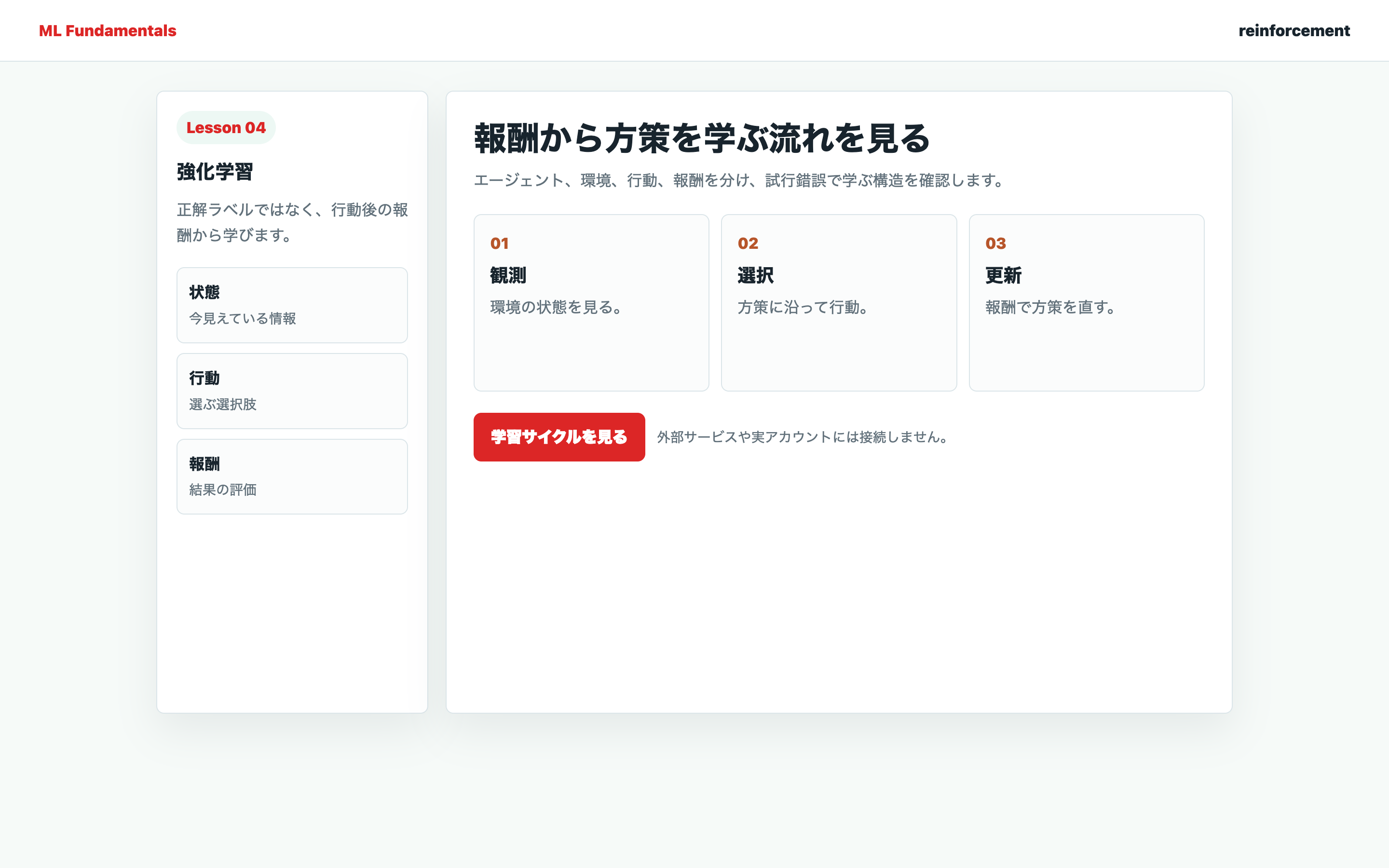 強化学習の状態、行動、報酬、方策を整理している実画面