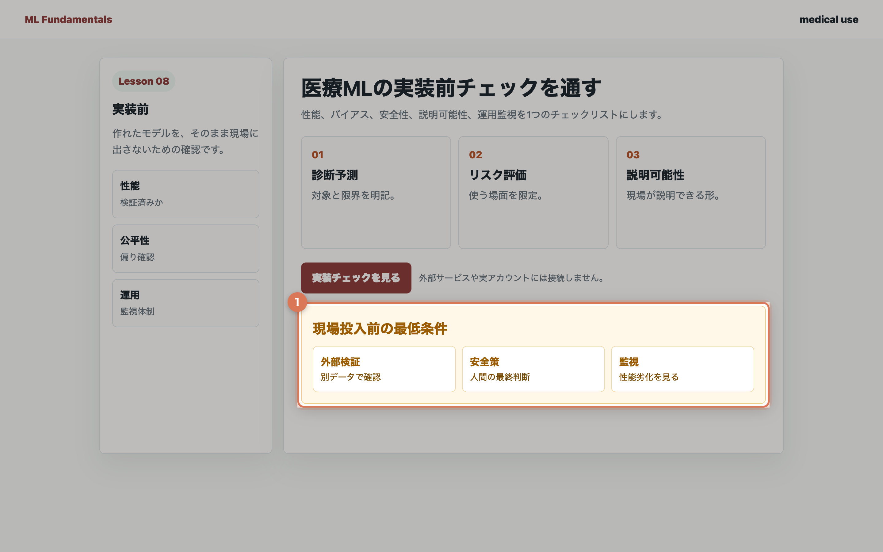 外部検証、安全策、監視体制の確認項目が表示された画面