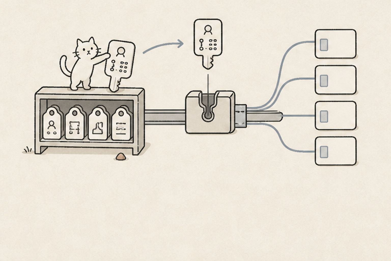 保存した設定を鍵として使い、複数の会話で同じ形式の出力を作る図。