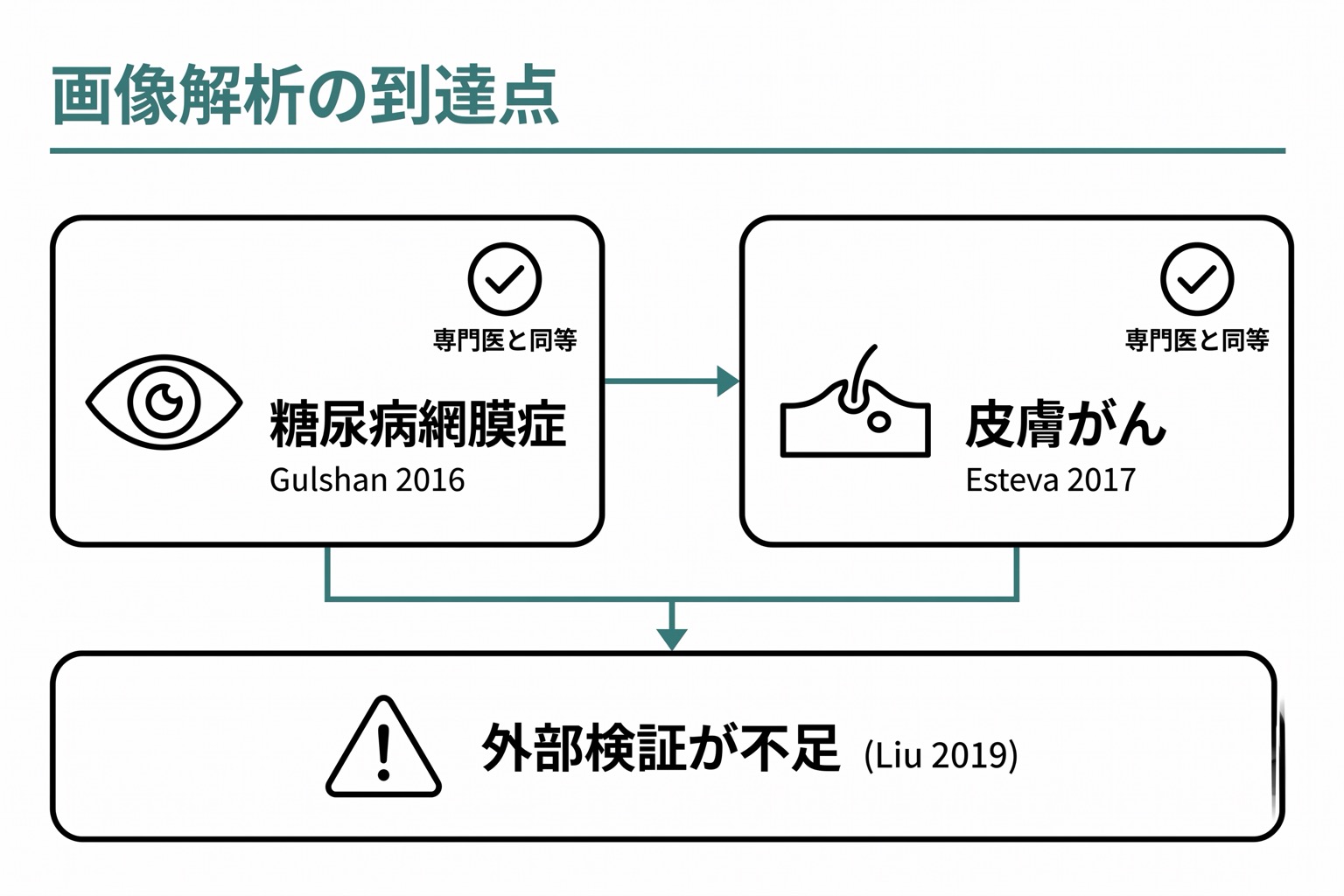 糖尿病網膜症と皮膚がんの2事例が横に並び、それぞれの元論文著者名と「専門医と同等」という評価が示されている。下部にメタアナリシスが「外部検証が不足」と警告する注釈ボックスが置かれている。