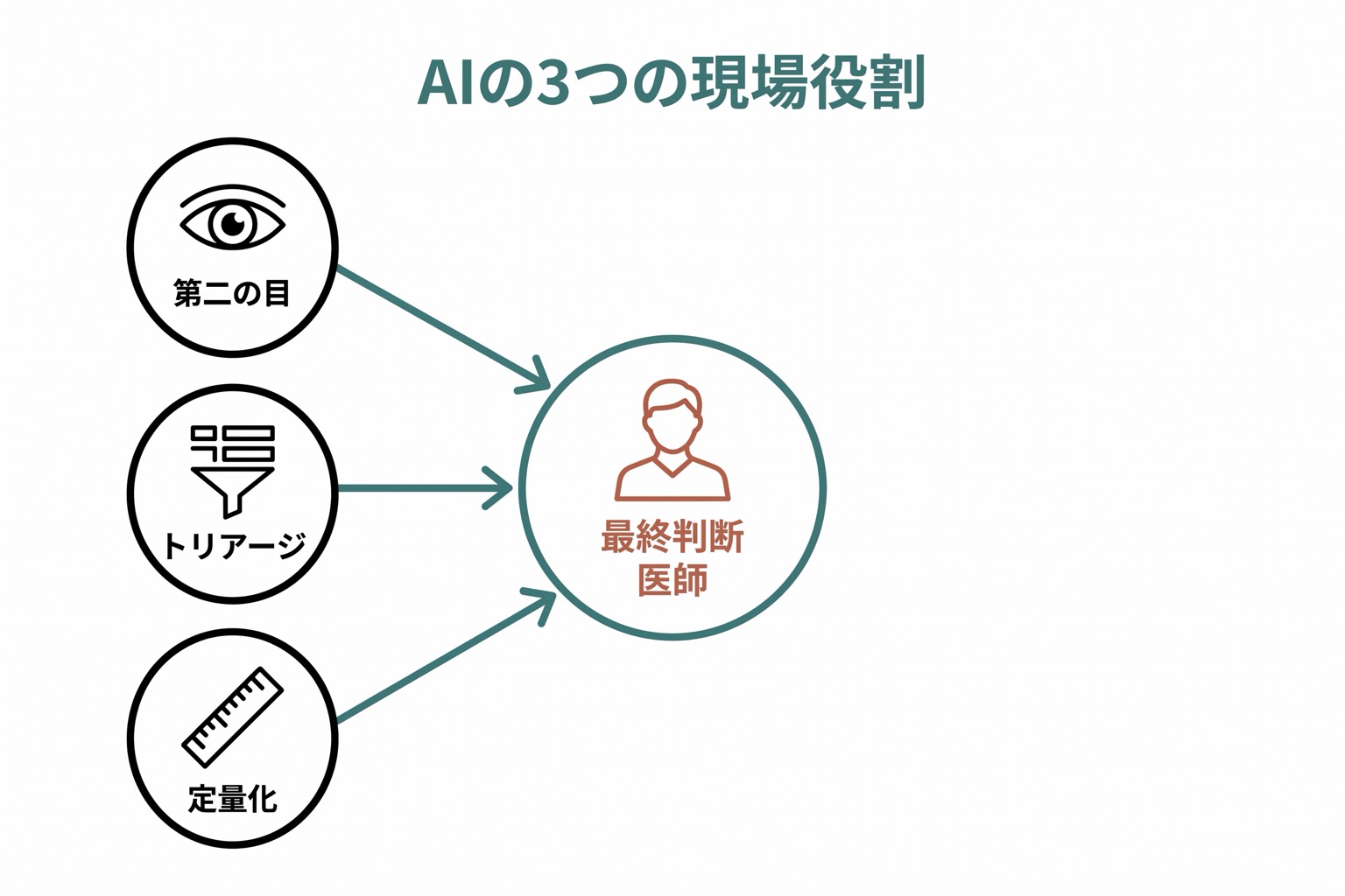 医師とAIが横並びで示され、AIの3つの役割(第二の目・トリアージ・定量化)が放射状に広がり、矢印が医師の「最終判断」に向かって収束するハブ&スポーク図。