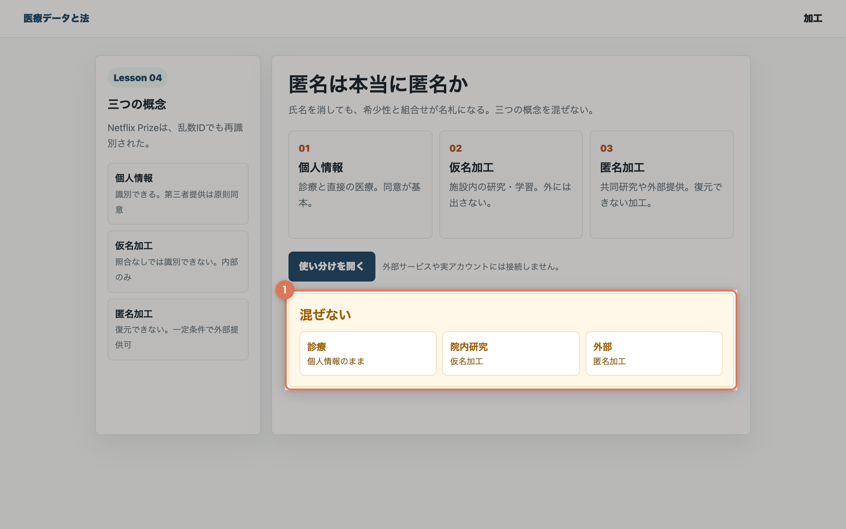 加工の使い分けを開いた教材用の整理画面