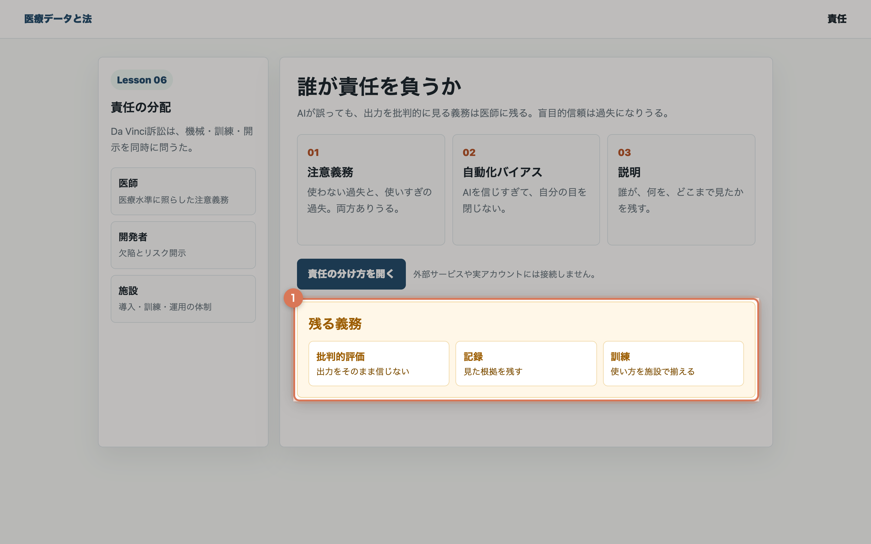 注意義務と自動化バイアスを開いた教材用の整理画面