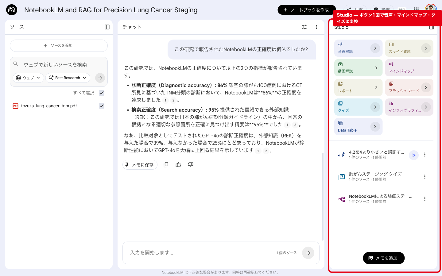 NotebookLMのStudioペイン。右列に音声解説・マインドマップ・フラッシュカード・インフォグラフィーなどのツールボタンが並ぶ