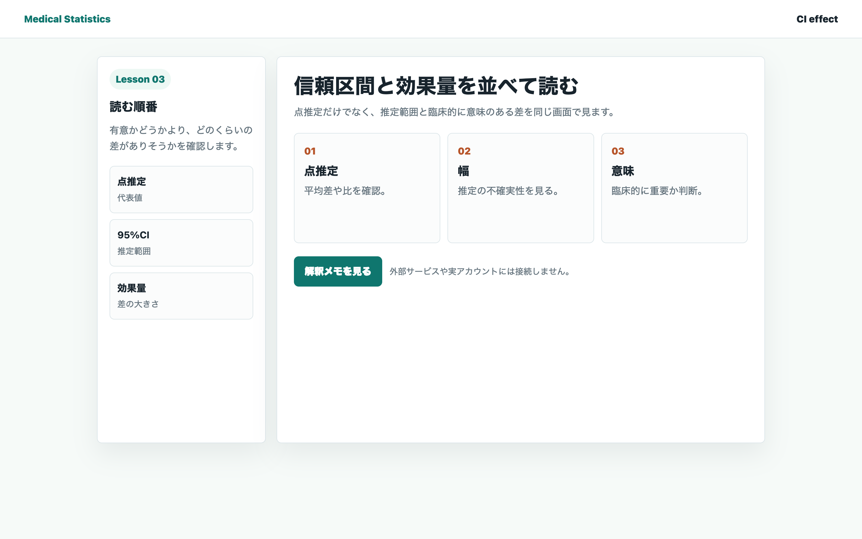 信頼区間と効果量を並べて確認している実画面