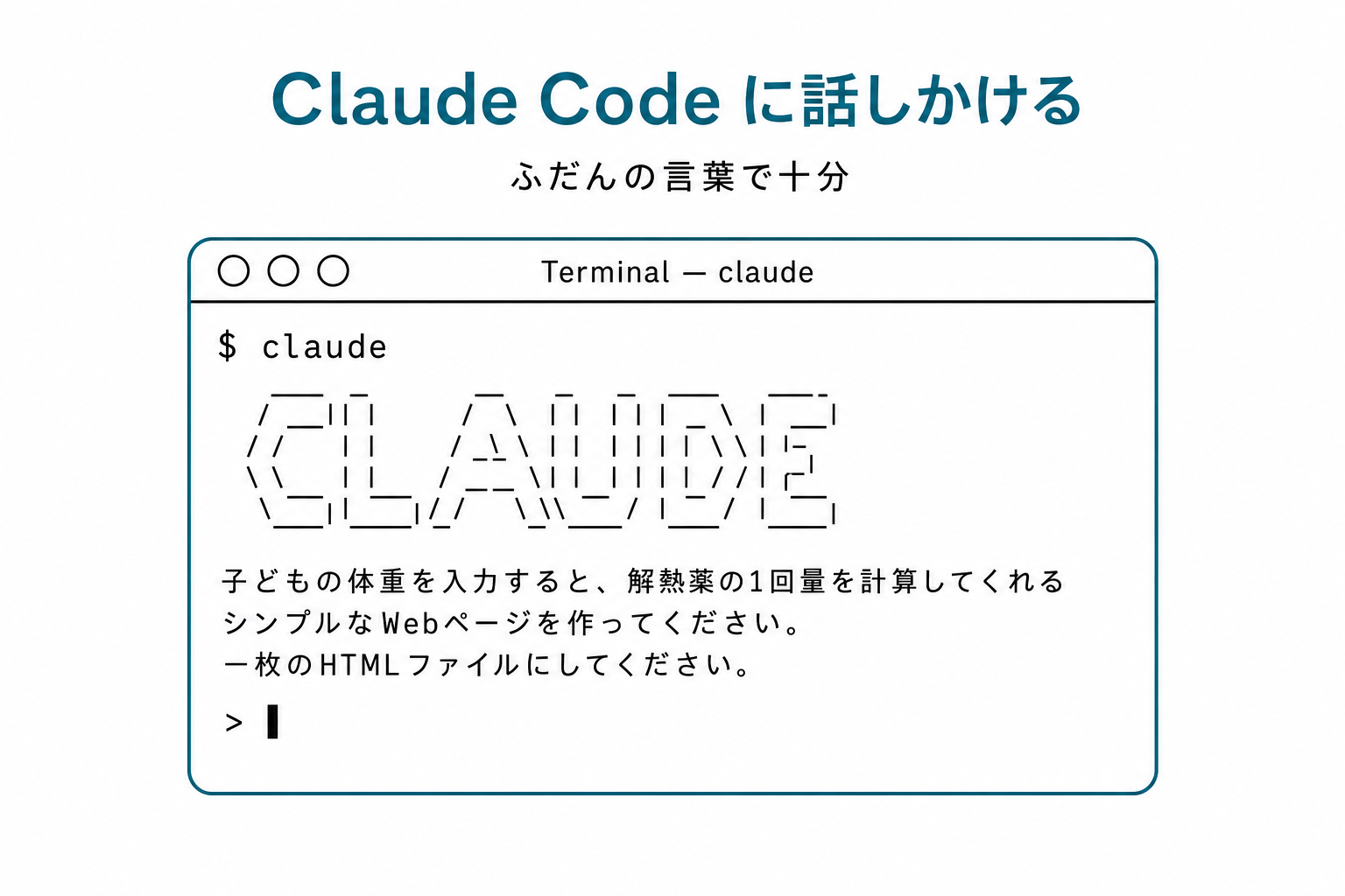 Claude Codeのターミナルウィンドウのイラスト。CLAUDEロゴと、解熱薬計算ツール作成の指示プロンプトが入力されている様子