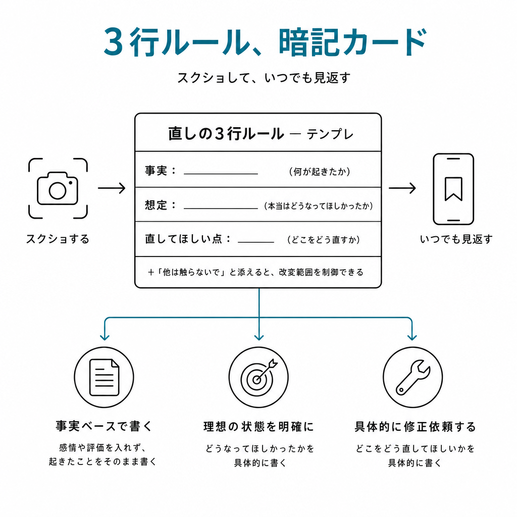 3行ルールの暗記カード。事実/想定/直してほしい点の3行テンプレと「他は触らないで」のティップス