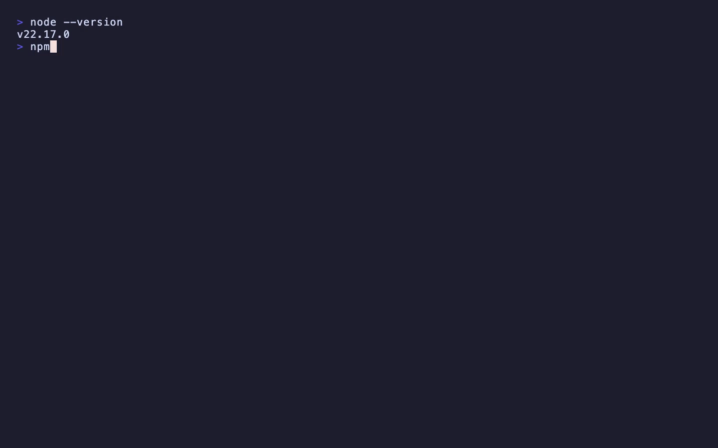 ターミナルで `node --version` を実行し、Node.js のバージョン番号が返ってくる画面