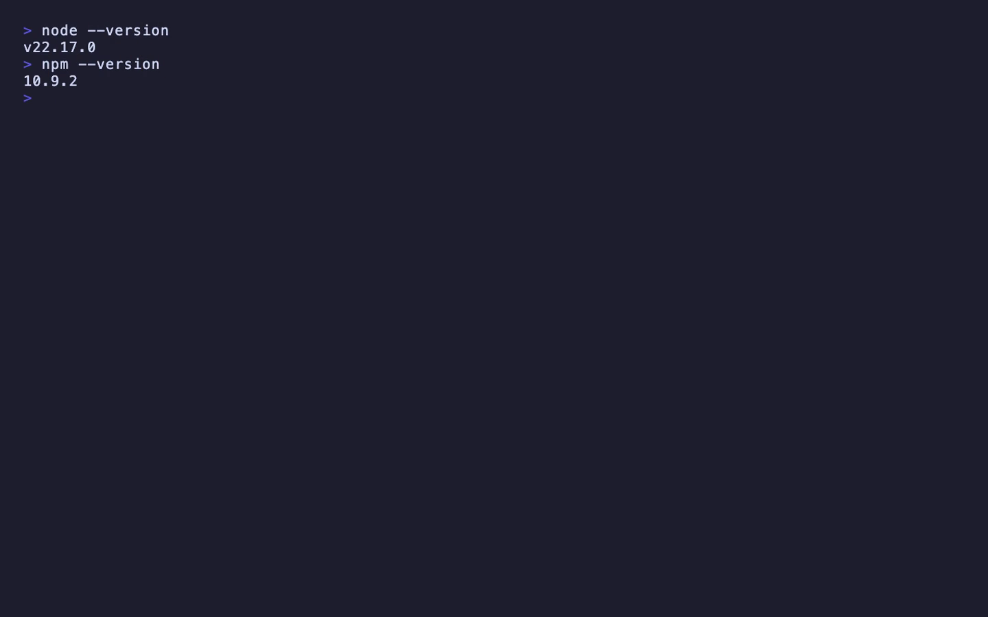 ターミナルで `npm --version` を実行し、npm のバージョン番号が返ってくる画面