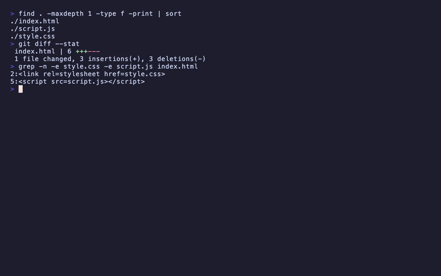 ターミナルで index.html、script.js、style.css の3ファイルが並び、index.htmlからCSSとJSを読み込んでいることを確認している実画面