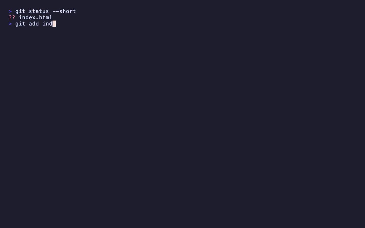 ターミナルで git status --short を実行し、index.html が未記録の変更として表示されている画面
