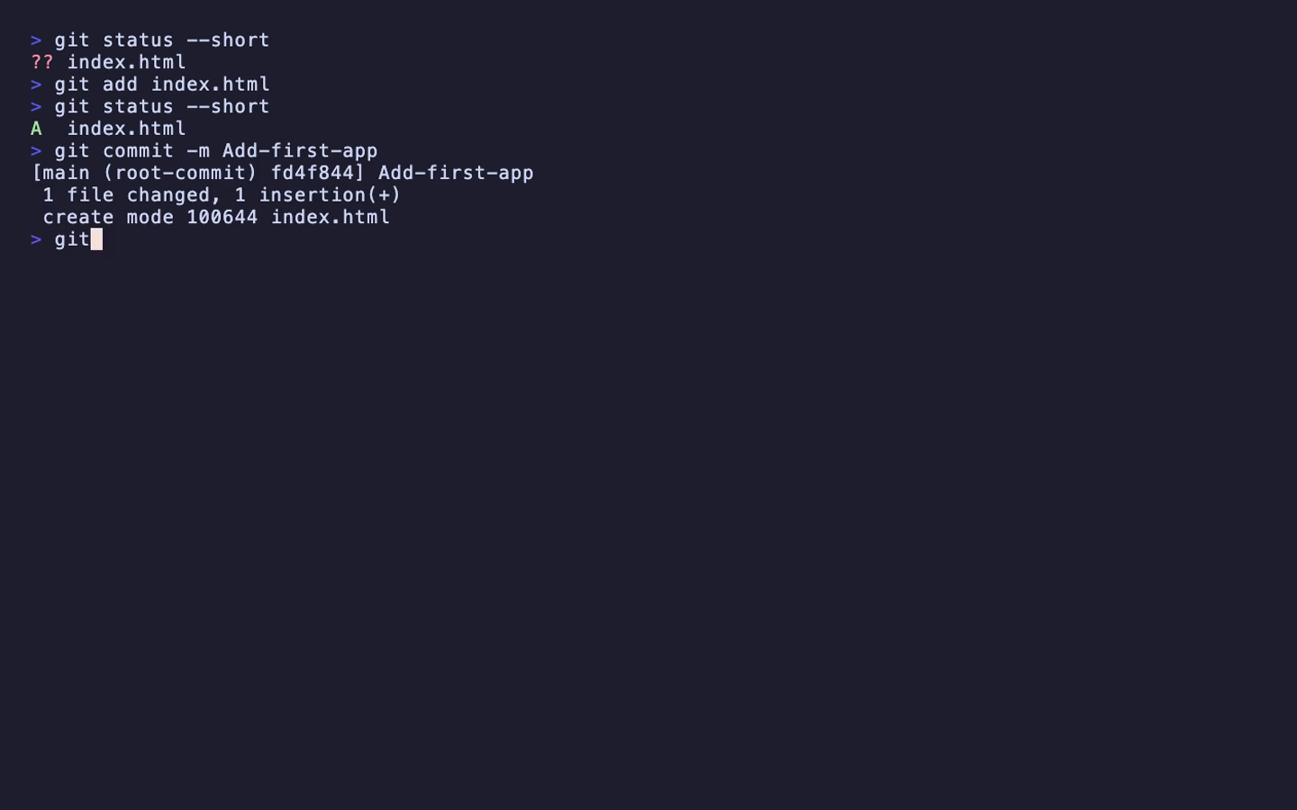 ターミナルで git commit を実行し、1 file changed と create mode index.html が表示されている画面