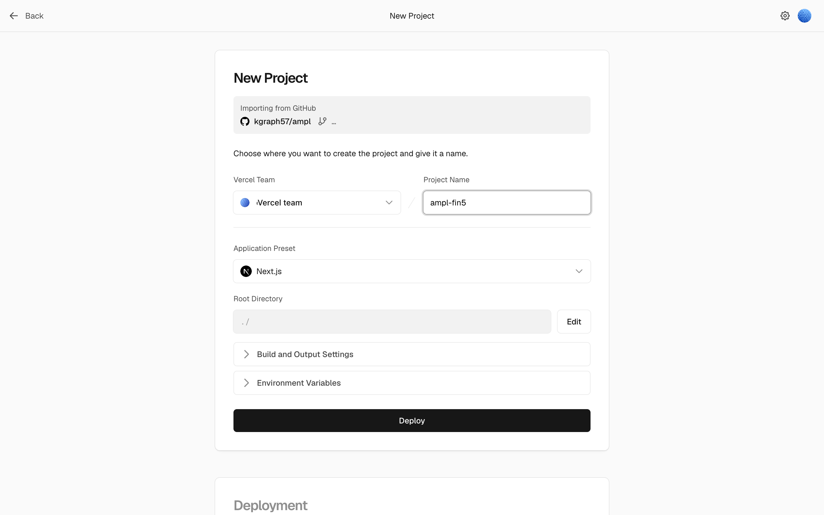 Vercel の New Project 設定画面。Project Name、Application Preset、Root Directory、Deploy ボタンが表示されている実画面