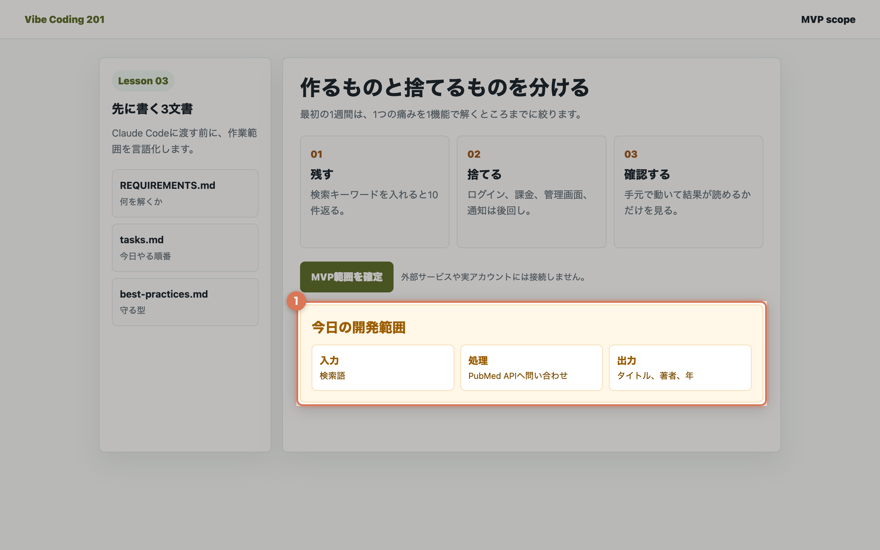今日の開発範囲を確定した画面