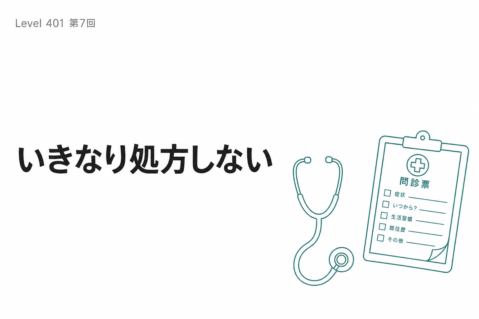 左に「いきなり処方」の図(問診なし→処方)、右に「問診→計画→処方」の正しい流れ。ティールの矢印で構造化されたオフホワイト背景のシンプルなフロー図