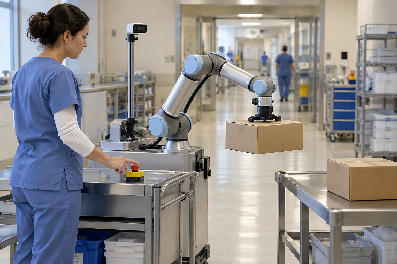 病院物流を想定した環境で、人が停止ボタンを確認しながら小型ロボットの搬送を試すイメージ