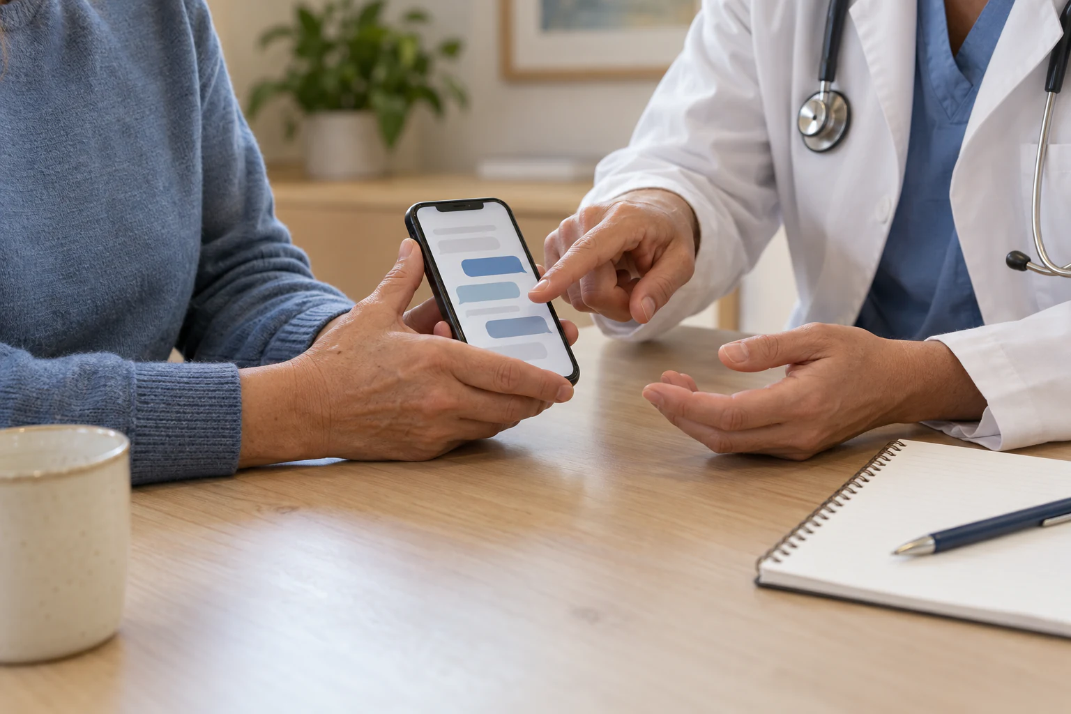 患者役と医師役が、個人情報を表示しないスマートフォンのAI回答を一緒に確認するイメージ